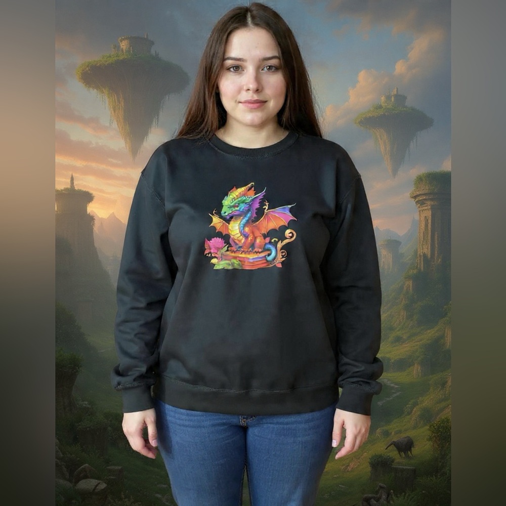Black Sweatshirt with Colorful Dragon Graphic